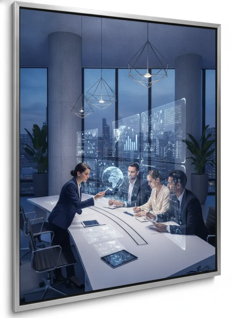 Professional portrait-style business technology scene representing global AI