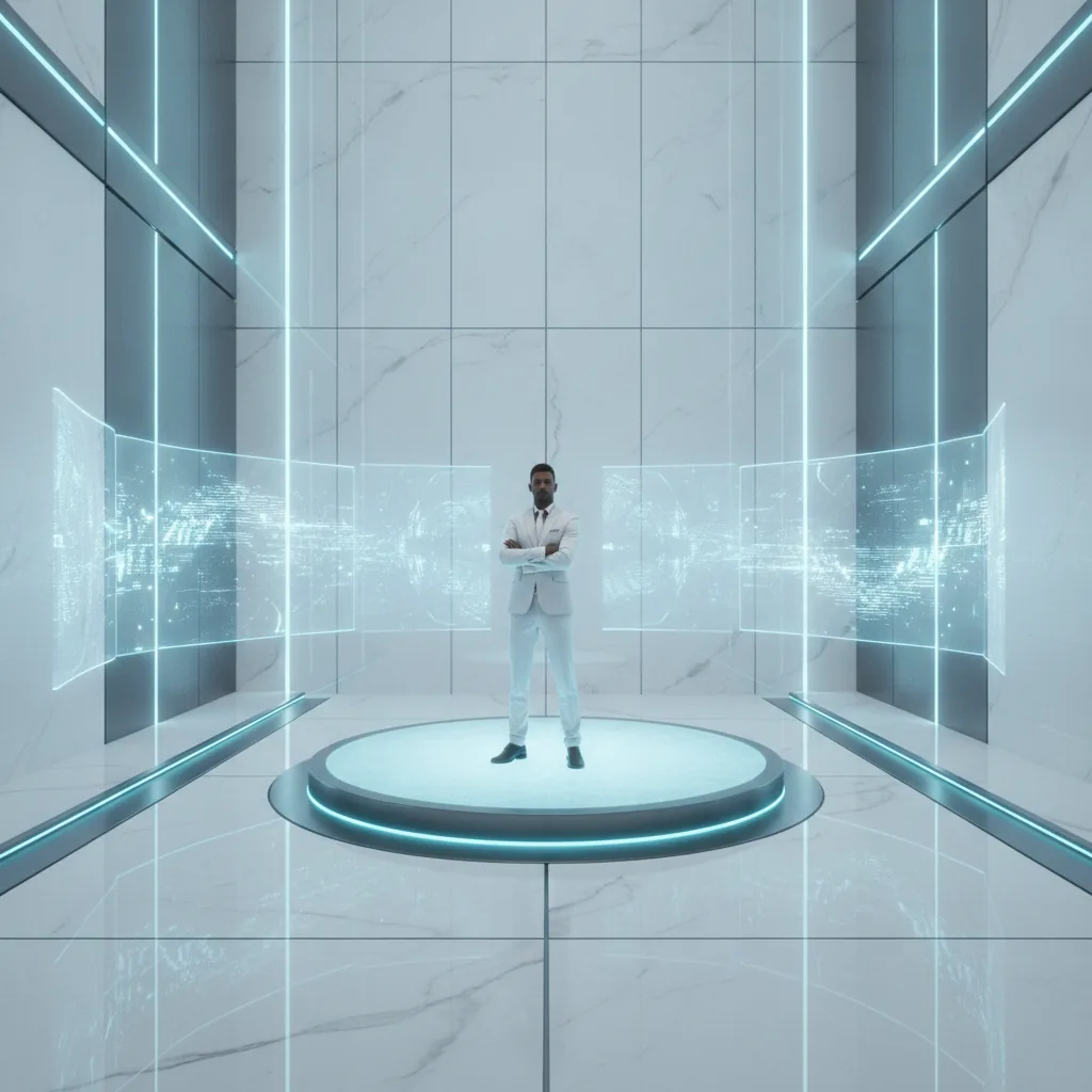 Futuristic corporate minimalism, confident innovative mood, crisp studio