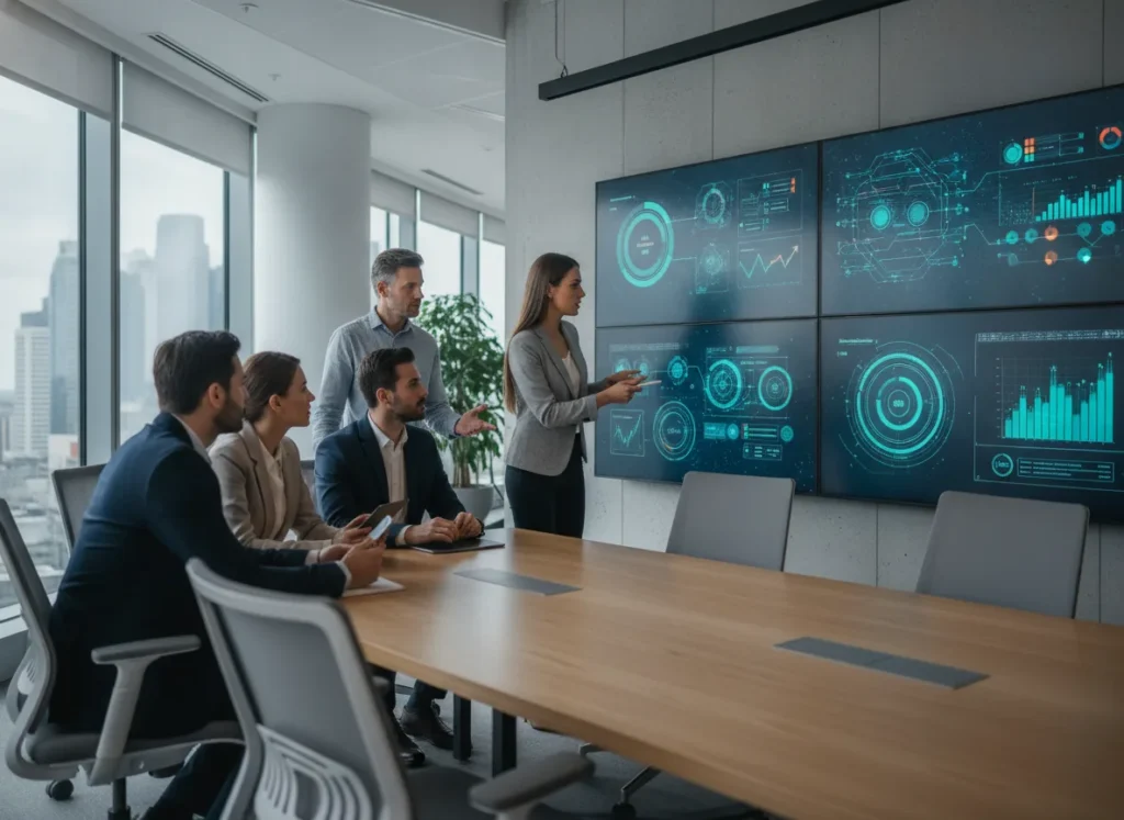 professional business team collaborating with AI dashboards and