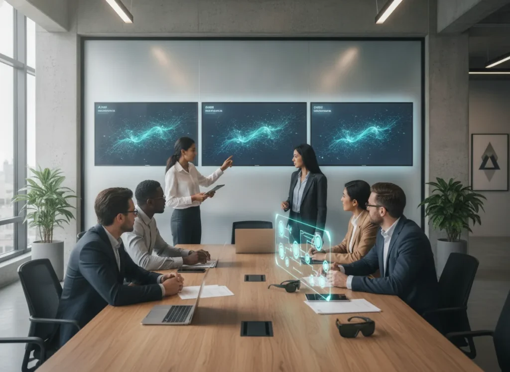Professional photo of a diverse business team reviewing